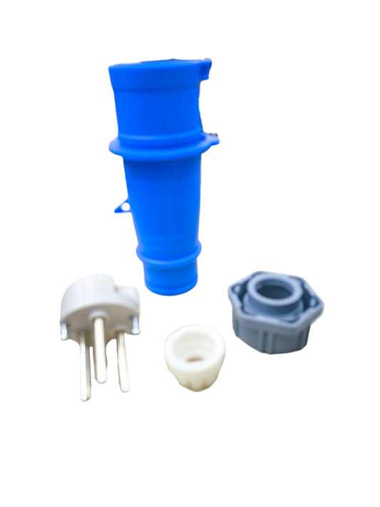 Grippes 32A industrial plug with blue casing and white and gray connector parts for electrical circuitry