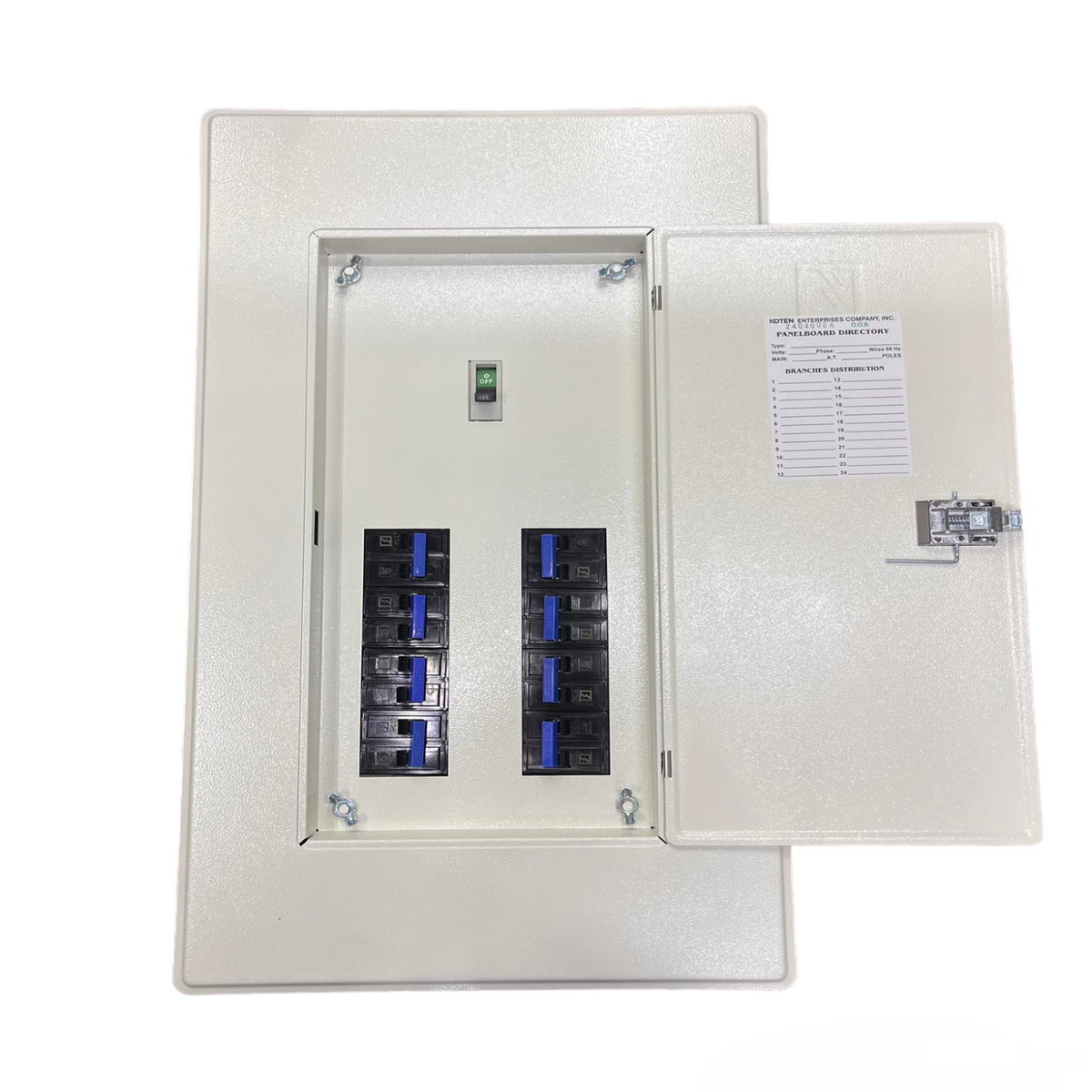 Koten 8 Branches 2P 250A Main Bolt On metal distribution board with open door showing eight breakers