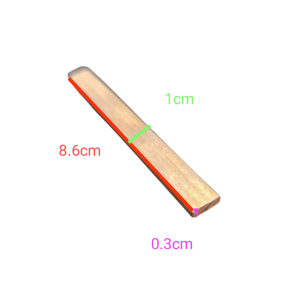 Local industrial bus bar connector with dimensions 8.6 cm by 1 cm and 0.3 cm thickness