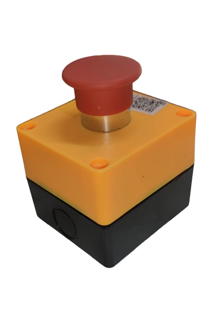 Auspicious emergency push button with enclosure in yellow and black casing with a large red button
