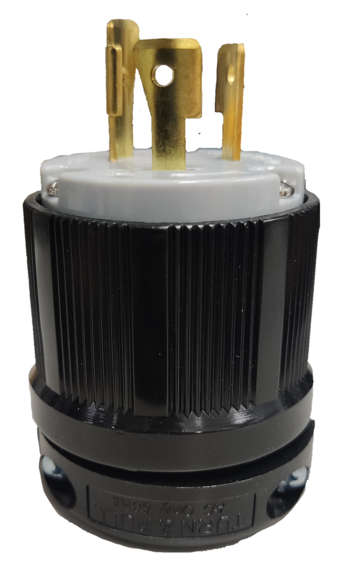 Grippes industrial grade 250V twistlock plug with black ribbed body and brass prongs