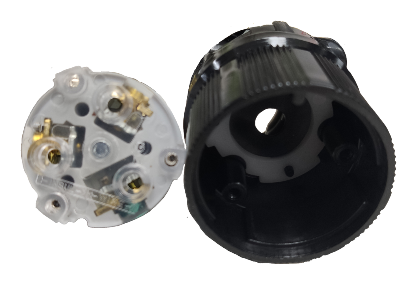 Grippes industrial grade 250V twistlock plug showing internal wiring and black outer casing
