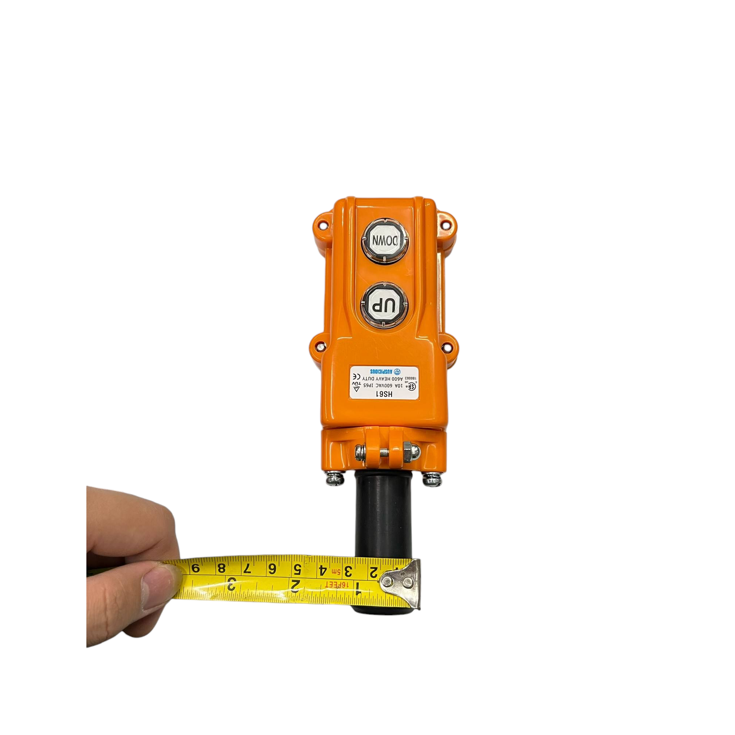 Auspicious industrial hoist push button switch in orange with up and down buttons and measuring tape