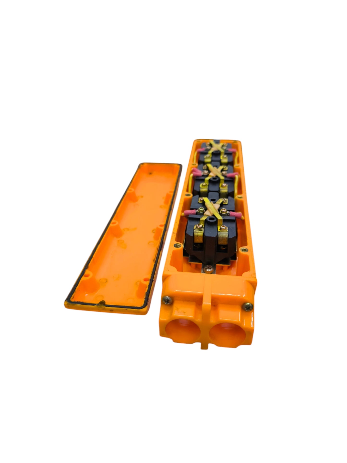 Auspicious orange industrial hoist push button switch with internal wiring and open cover