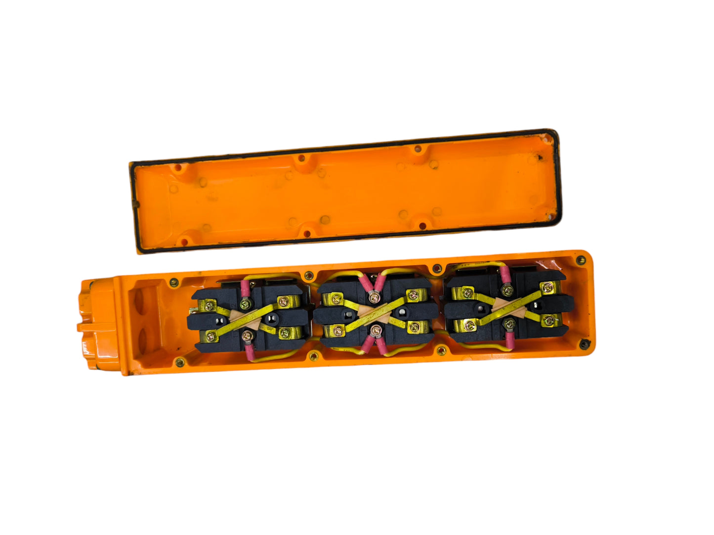 Auspicious industrial hoist push button switch with bright orange casing and internal wiring exposed