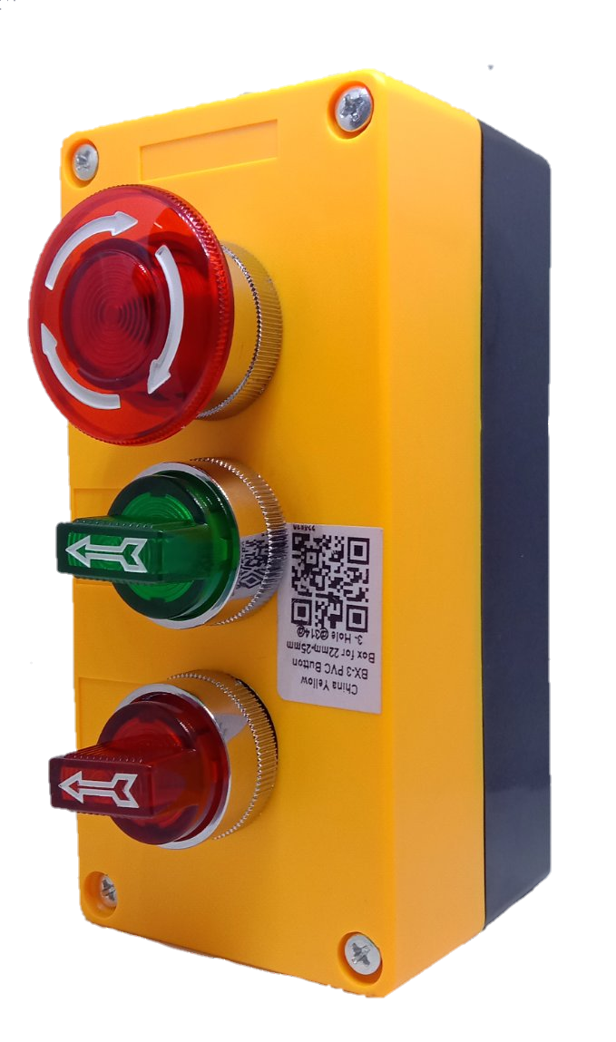 Auspicious illuminated emergency stop switch with red and green buttons on yellow control box