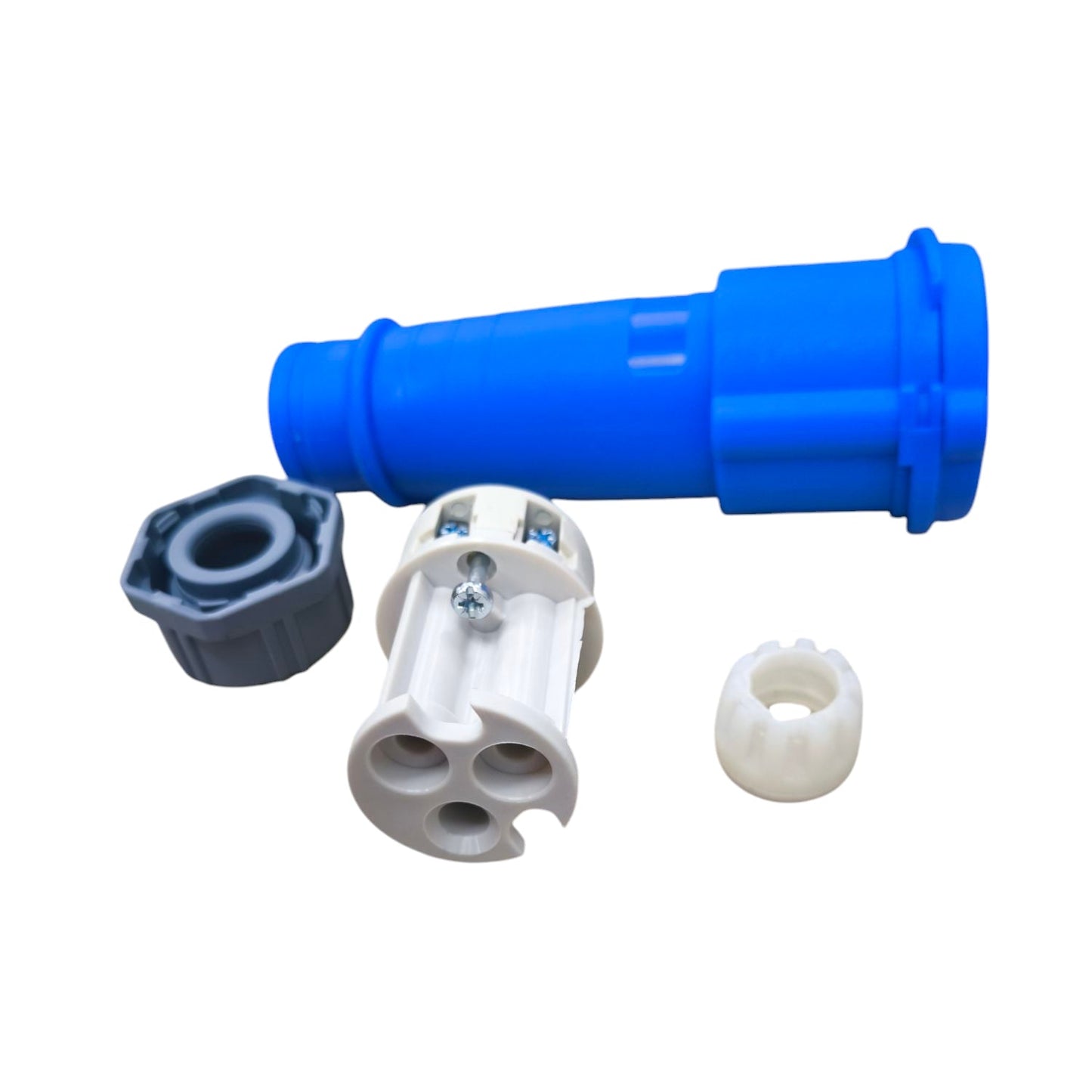 Grippes blue industrial outlet connector with disassembled white and gray parts for electrical circuitry