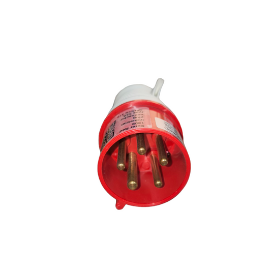 Surer Industrial Plug No. 025 240-415VAC with multiple brass pins and red and white casing