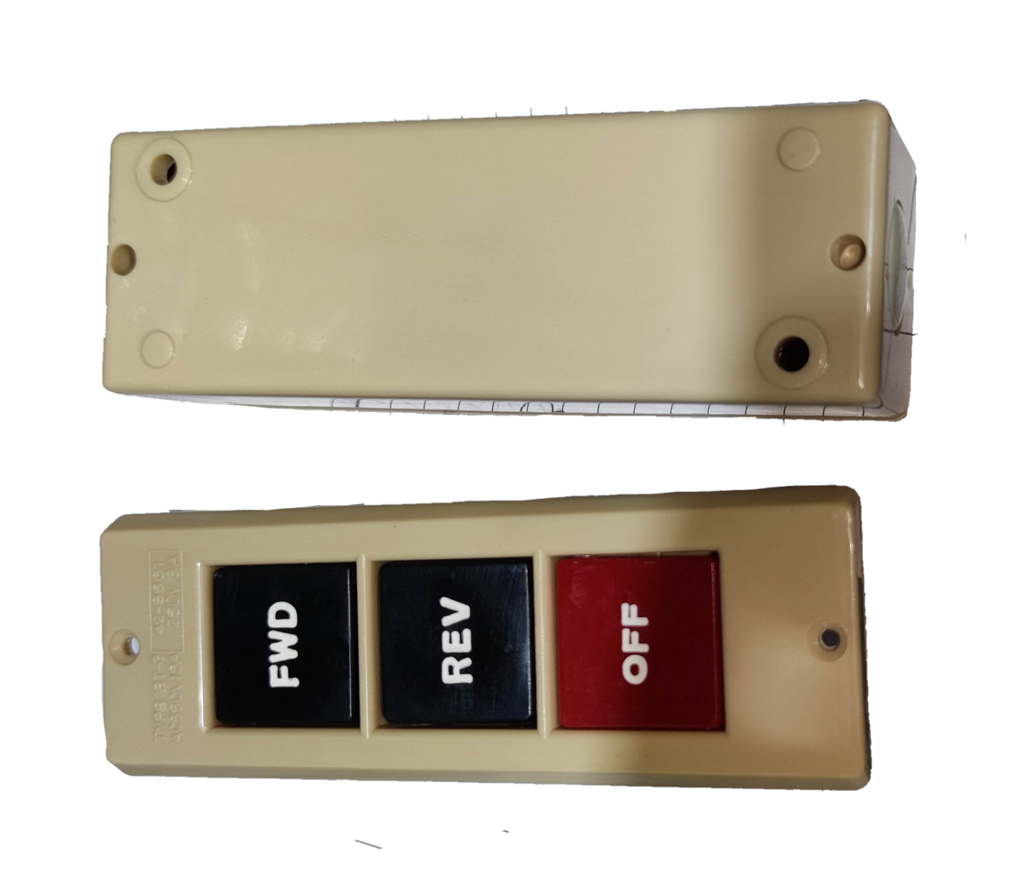 Auspicious industrial push button switch with FWD REV and OFF buttons in beige casing