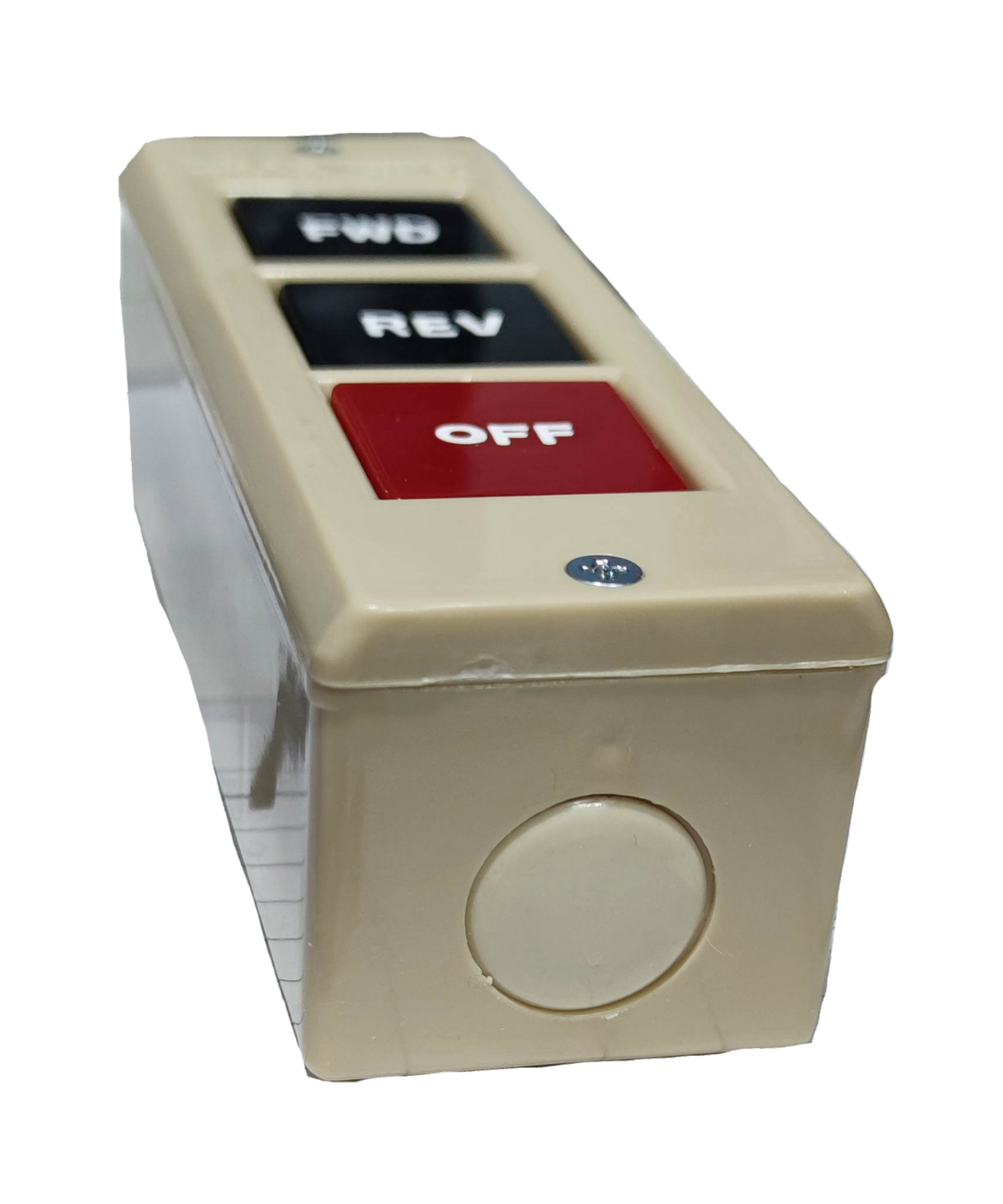 Auspicious industrial push button switch with forward, reverse, and off buttons in a beige casing
