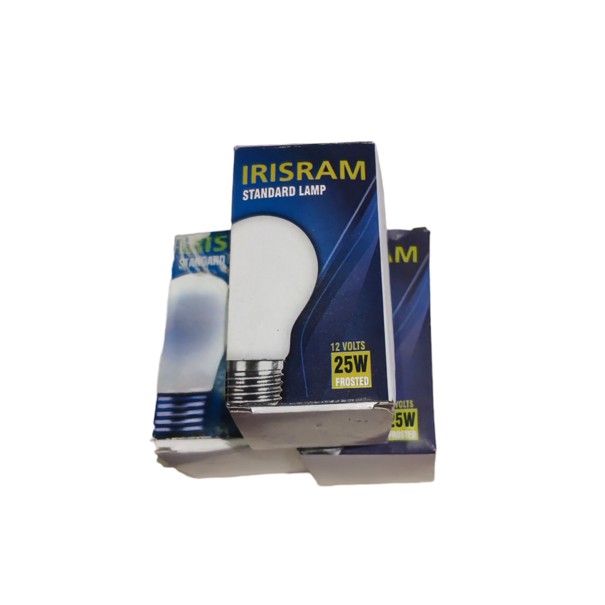 Irisram Battery Lamp 12V 25W E27 incandescent bulb packaging with blue and white design
