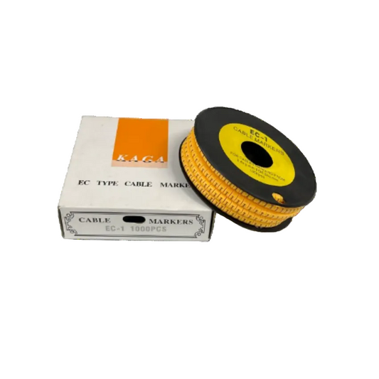 Spool and box of yellow cable markers for wiring identification Cable "I" Marker 2.6mm to 4.2mm Yellow