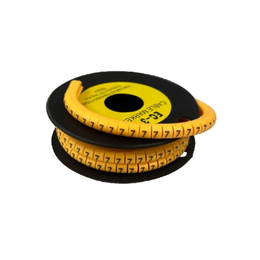 Spool of yellow spiral cable markers printed with repeated 7 for wire ID Cable Marker 7 yellow for organized cable labeling