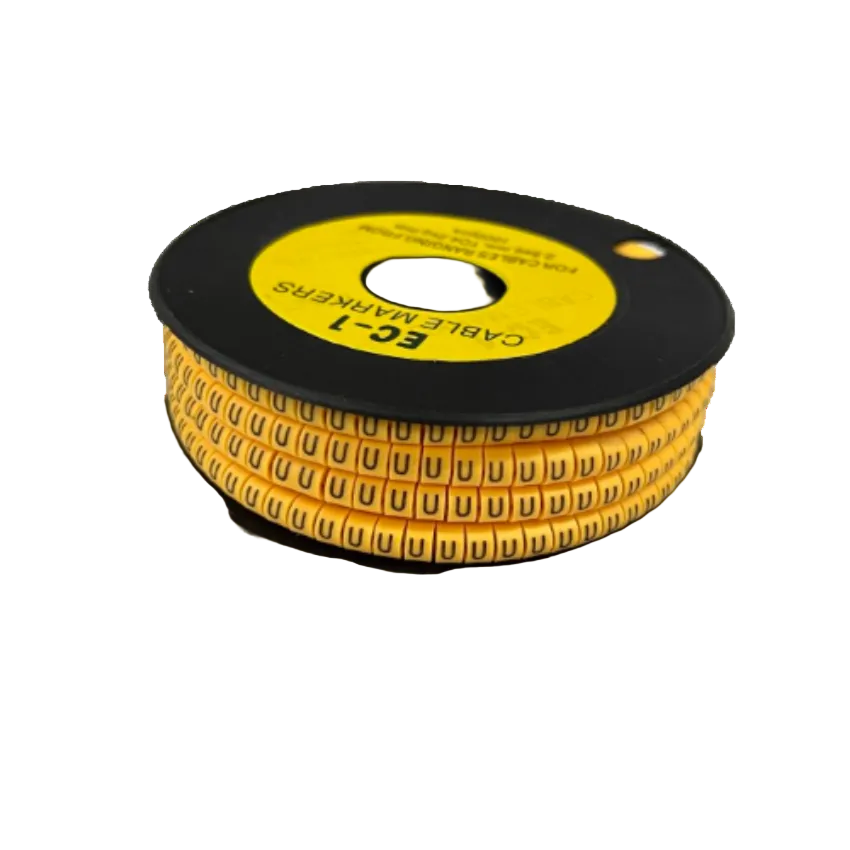 Yellow cable management markers spool labeled EC-1 for organizing and identifying cables
