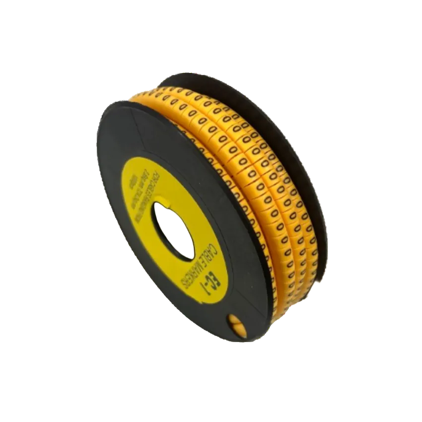 China cable management spool of yellow numeric sleeves showing 0 Marker 2.6mm to 4.2mm on black reel