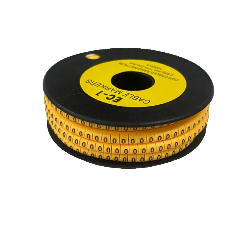 Spool of yellow cable markers for cable management featuring repeated 0 digits for wire labeling 0 Marker 2.6mm to 4.2mm