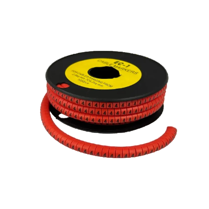 Grippes cable management spool with 4 Marker Red 2.6mm to 4.2mm numbered tubular markers for wires