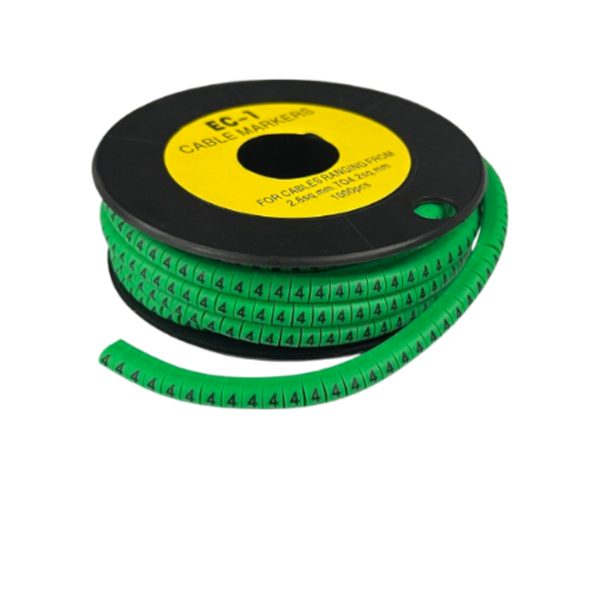 Grippes spool of 4 Cable Marker Green flexible numbered cable sleeves on a black reel for wire labeling