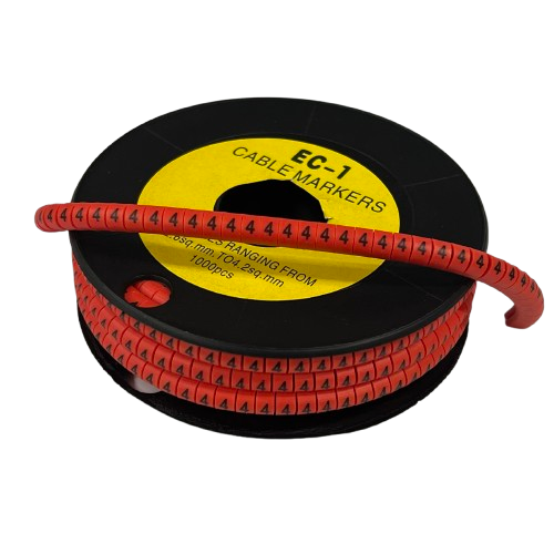 Grippes cable management spool of red numbered markers showing 4 Marker Red 2.6mm to 4.2mm for wiring