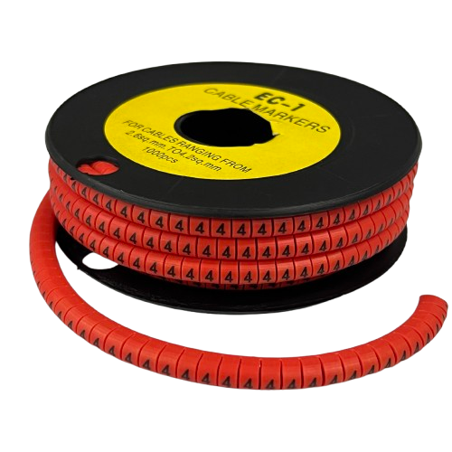 Grippes cable management spool with 4 Marker Red 2.6mm to 4.2mm numbered tubular markers for wires