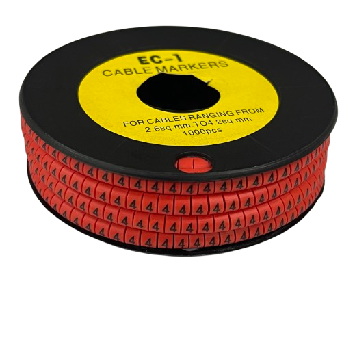 Grippes cable management 4 Marker Red 2.6mm to 4.2mm spool of red number 4 cable markers on black reel