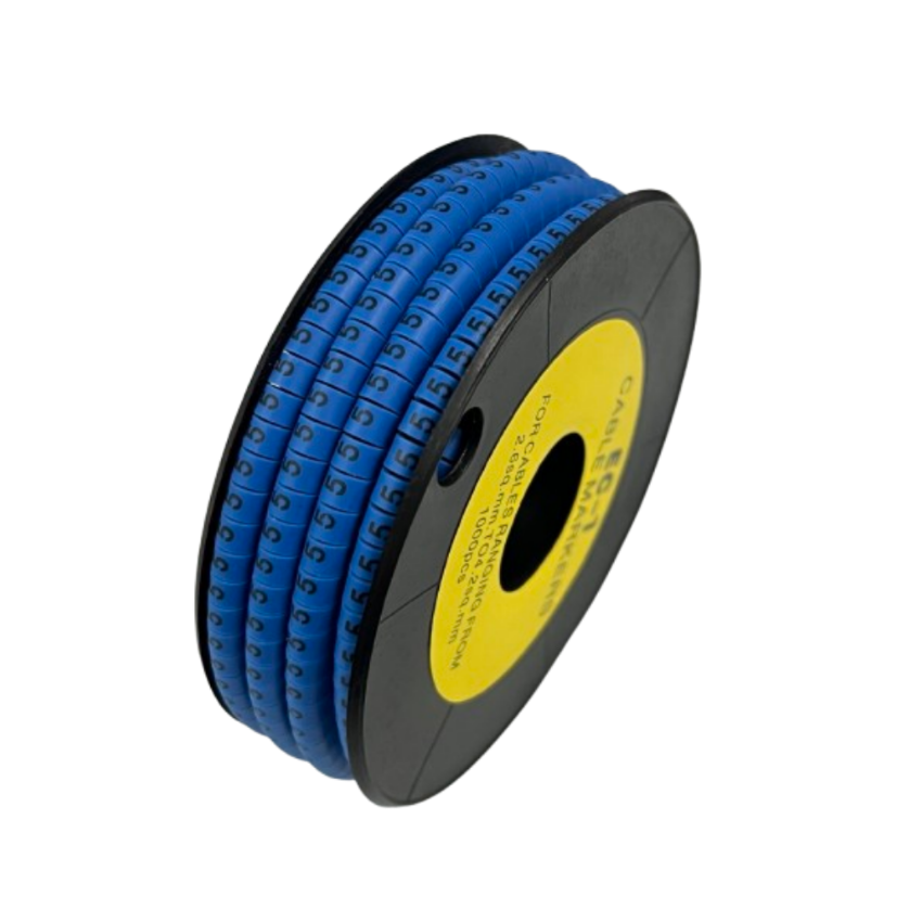Spool of 5 Cable Marker Blue numbered sleeves on a black reel for wire identification and organization
