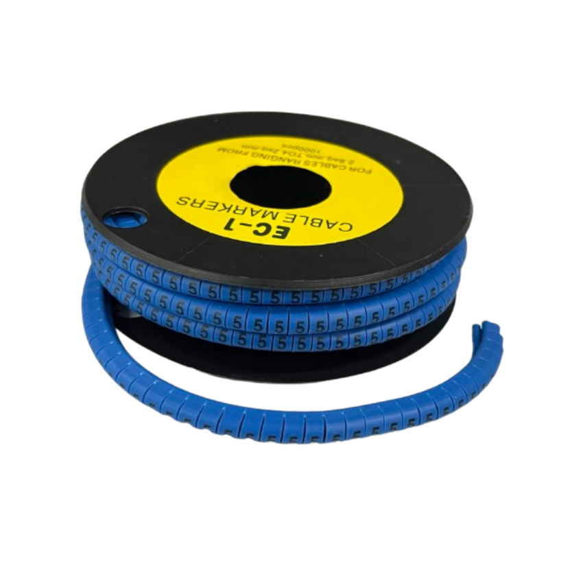 Spool of flexible blue segmented cable markers printed with repeating number 5 for wire ID 5 Cable Marker Blue