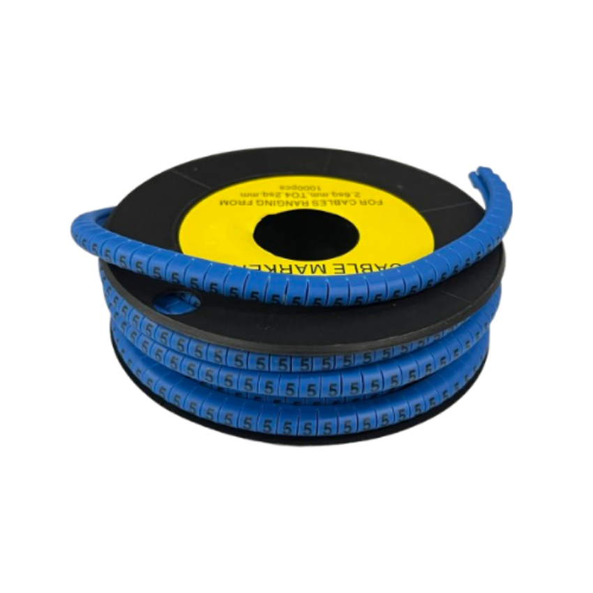 Spool of blue numbered cable markers showing repeated 5 digits for labeling wires 5 Cable Marker Blue