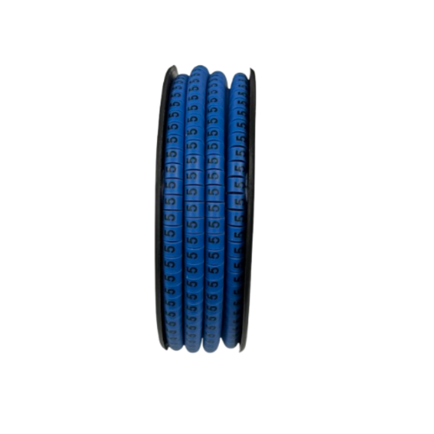 Spool of blue 5 Cable Marker Blue rings with repeated number 5 printed for cable management organization