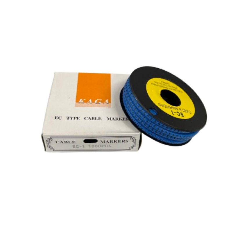 Spool of 5 Cable Marker Blue numeric cable labels on black reel with KAGA EC1 box