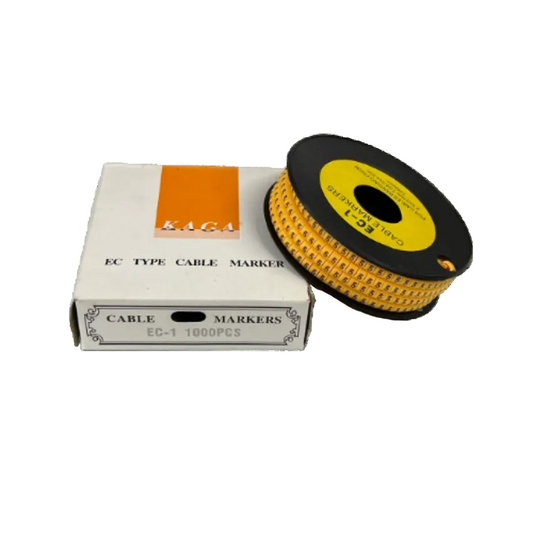 5 Cable Marker Yellow roll of numbered cable markers on spool with box for cable management and cable labeling