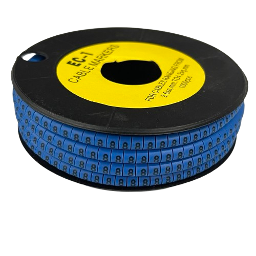 Reel of blue 8 Cable Marker 2.6mm to 4.2mm flexible plastic ID sleeves for cable organization