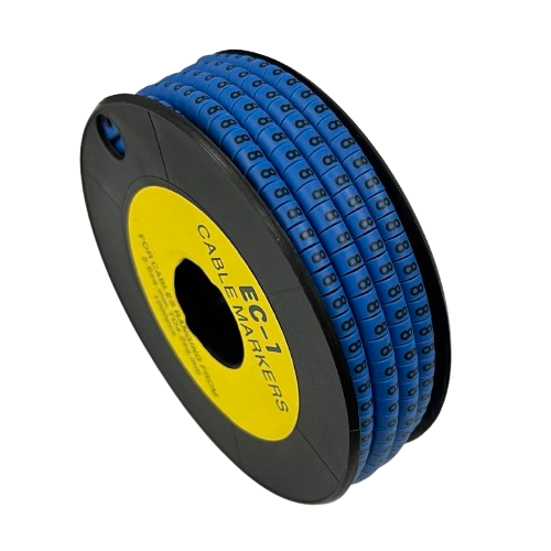 Spool of blue numeric cable markers on black reel from China 8 Cable Marker 2.6mm to 4.2mm for wiring identification