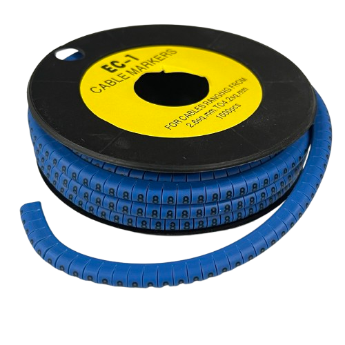 Roll of blue numbered cable markers on spool for wire labeling 8 Cable Marker 2.6mm to 4.2mm