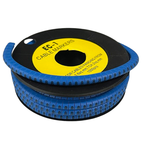 Blue spool of adhesive 8 Cable Marker 2.6mm to 4.2mm tape with numbered segments for cable identification