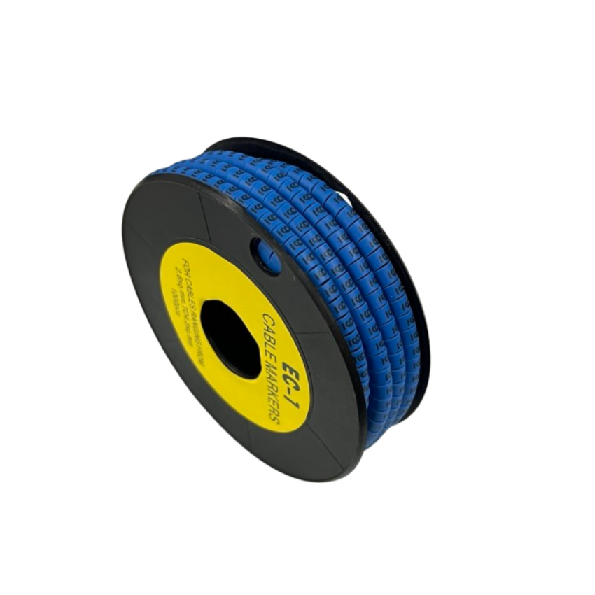 9 Cable Marker 2.6mm to 4.2mm Blue spool of blue numbered cable markers on black reel for cable management