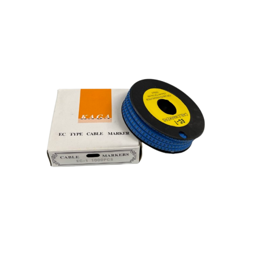 Spool and box of 9 Cable Marker 2.6mm to 4.2mm Blue cable markers for organizing wires and cables