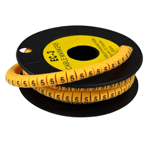 Grippes Cable 5 Marker -3 Yellow reel of flexible cable markers labeled 5 for wire identification