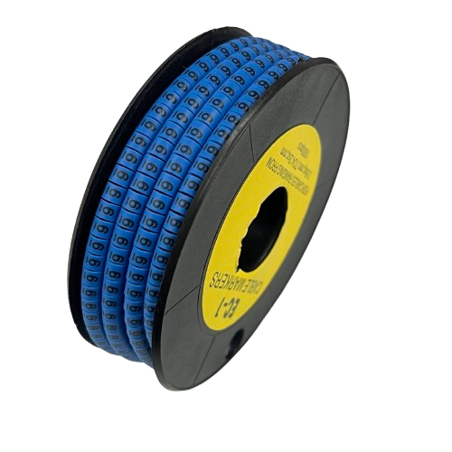 Spool of blue numeric cable markers labeled Cable "6" Marker 2.6mm to 4.2mm Blue for wire identification