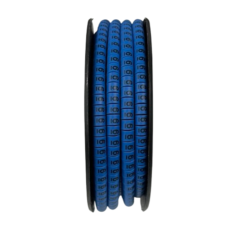Blue numbered cable markers on a spool for wire organization Cable "6" Marker 2.6mm to 4.2mm Blue