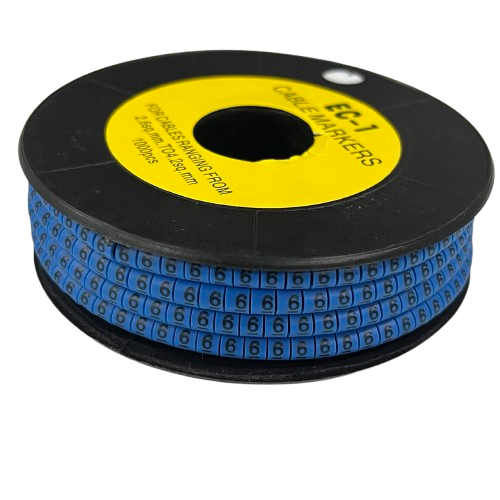 Spool of blue numeric cable labels Cable "6" Marker 2.6mm to 4.2mm Blue for wire identification and cable management