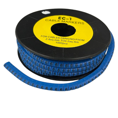 Spool of blue Cable "6" Marker 2.6mm to 4.2mm Blue numeric sleeve markers for wire organization
