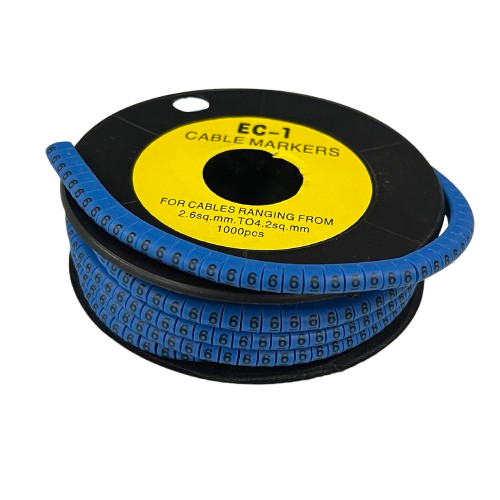 Reel of blue cable markers showing repeated 6 label Cable "6" Marker 2.6mm to 4.2mm Blue for cable identification