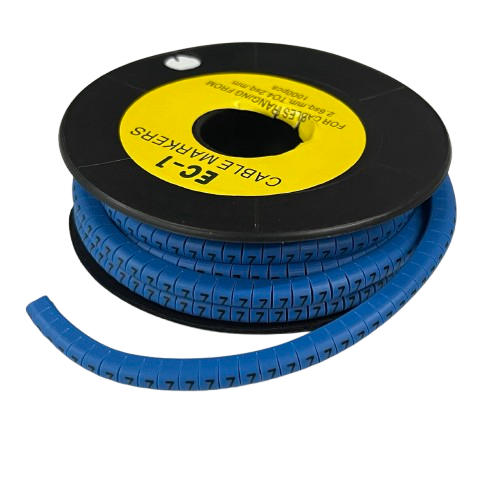 Spool of blue spiral cable wrap with printed numbers Cable "7" Marker 2.6mm to 4.2mm Blue for wire organization
