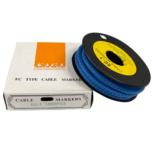 Spool of blue cable markers next to white box, Cable "7" Marker 2.6mm to 4.2mm Blue on reel