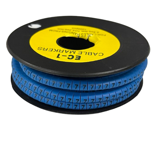 Spool of blue Cable "7" Marker 2.6mm to 4.2mm Blue with repeated 7 digits for cable organization