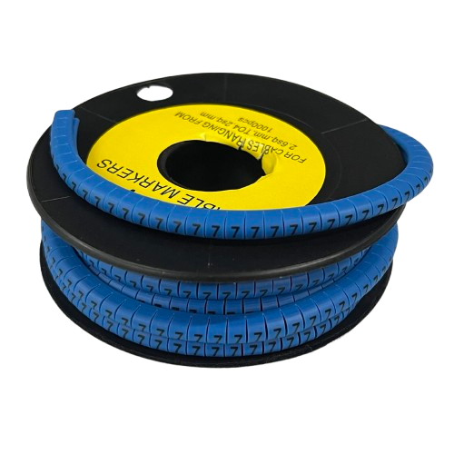 Spool of Cable "7" Marker 2.6mm to 4.2mm Blue spiral cable markers showing repeated 7 labels