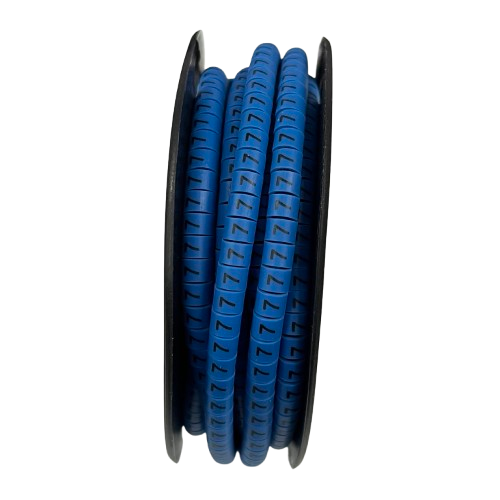 Spool of blue cable markers with repeated 7 imprint Cable "7" Marker 2.6mm to 4.2mm Blue for organizing wires