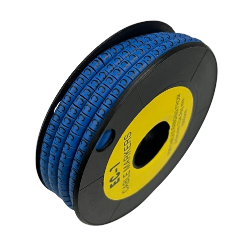 Spool of blue Cable "C" Marker 2.6mm to 4.2mm Blue cable ID markers on black reel for wiring organization