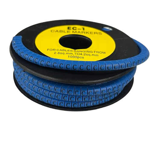 Spool of blue Cable "C" Marker 2.6mm to 4.2mm Blue ring labels on black reel for marking 2.6 to 4.2mm cables